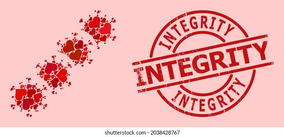 Rubber Integrity stamp seal, and red love heart mosaic for virus blockchain. Red round stamp seal has Integrity text inside circle. Virus blockchain mosaic is made of red wedding items.