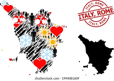 Rubber Italy, Rome stamp, and heart man inoculation mosaic map of Tuscany region. Red round seal includes Italy, Rome text inside circle. Map of Tuscany region mosaic is made from frost, spring,