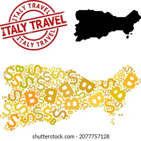 Rubber Italy Travel badge, and banking mosaic map of Capri Island. Red round badge has Italy Travel title inside circle. Map of Capri Island mosaic is organized with finance, funding,