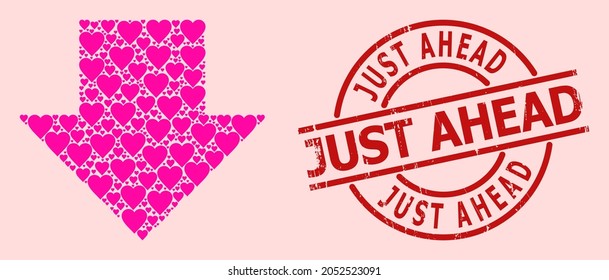 Rubber Just Ahead stamp, and pink love heart pattern for download arrow. Red round stamp includes Just Ahead text inside circle. Download arrow collage is organized from pink romantic symbols.