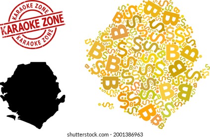 Rubber Karaoke Zone stamp seal, and finance collage map of Sierra Leone. Red round seal contains Karaoke Zone text inside circle. Map of Sierra Leone collage is formed with finance, funding,