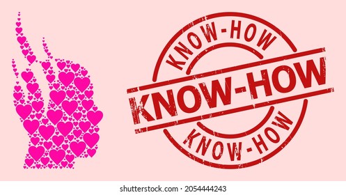 Rubber Know-How stamp seal, and pink love heart mosaic for brain steam. Red round stamp has Know-How text inside circle. Brain steam mosaic is made of pink valentine elements.