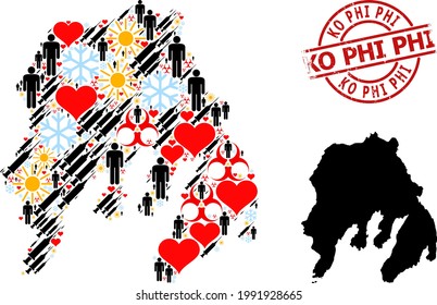 Sello de goma Ko Phi, y mapa de mosaico de jeringas humanas de invierno de la isla Gambier. El sello rojo redondo tiene la etiqueta Ko Phi dentro del círculo. Mapa del mosaico de la Isla Gambier formado con invierno, soleado, corazón,