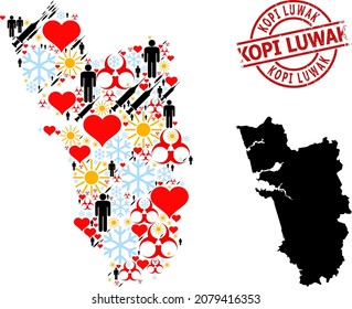 Rubber Kopi Luwak stamp, and winter people syringe collage map of Goa State. Red round stamp includes Kopi Luwak title inside circle. Map of Goa State collage is composed with frost, sunny,