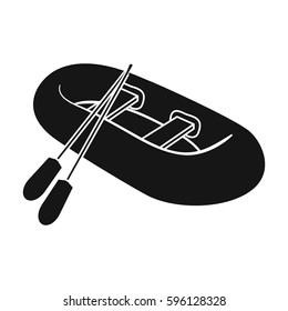 Rubber lifeboat.The boat, which weighs on the sides of large boats for the rescue. Ship and water transport single icon in black style vector symbol stock illustration.