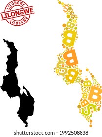 Rubber Lilongwe seal, and banking mosaic map of Malawi. Red round seal has Lilongwe text inside circle. Map of Malawi mosaic is formed of money, funding, Thailand Baht golden items.