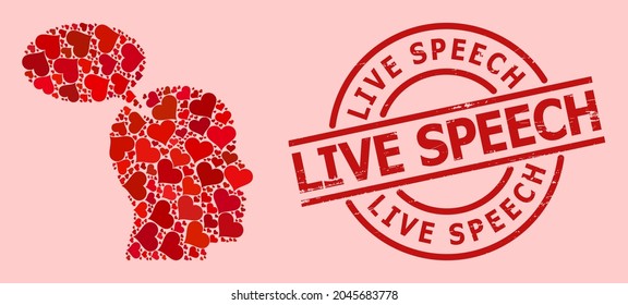 Rubber Live Speech Briefmarke Siegel und rote Liebe Herz-Mosaik für Fantasiewolke. Rotes rundes Siegel enthält Live Speech-Tag im Kreis. Das Fantasiewolkenmosaik besteht aus roten Valentinsymbolen.