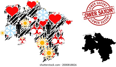 Rubber Lower Saxony stamp seal, and frost patients inoculation collage map.  Red round stamp seal includes Lower Saxony tag inside circle.