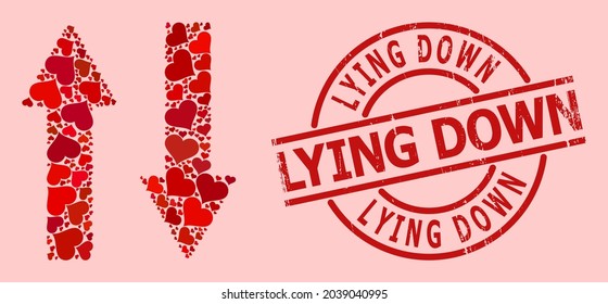 Gummi Lying Down Stempel-Dichtung und rote Liebe Herz-Muster für vertikale Austausch Pfeile. Roter Rundstempelverschluss enthält Text in einem Kreis in Lying Down.