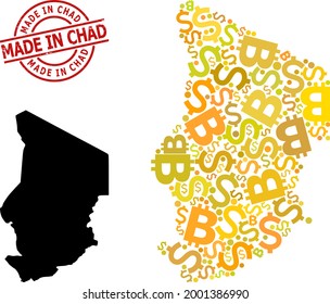 Rubber Made in Chad stamp seal, and finance mosaic map of Chad. Red round stamp seal has Made in Chad caption inside circle. Map of Chad mosaic is constructed from financial, dollar,