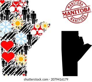 Rubber Manitoba stamp seal, and sunny patients vaccine collage map of Manitoba Province. Red round badge contains Manitoba caption inside circle. Map of Manitoba Province collage is organized of snow,