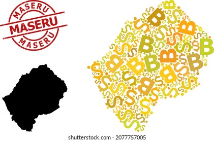 Rubber Maseru stamp seal, and currency mosaic map of Lesotho. Red round seal has Maseru tag inside circle. Map of Lesotho collage is constructed with currency, dollar, BTC yellow elements.