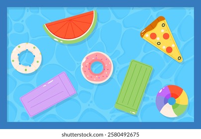 Rubber mattress and rings in water pool. Swimming accessories on water surface, inflatable toys watermelon, donut and pizza slice. summer vacation vector background