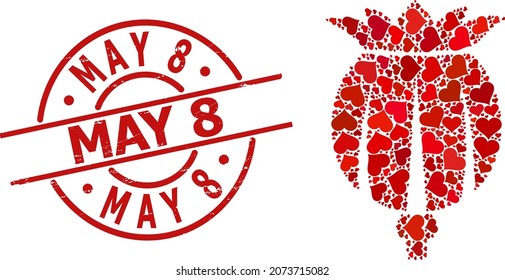 Sello de sello de goma del 8 de mayo, y mosaico de corazón de amor rojo para cabeza de adormidera. El sello rojo redondo tiene la leyenda del 8 de mayo dentro del círculo. El mosaico de la cabeza de adormidera se crea a partir de símbolos de citas rojas.