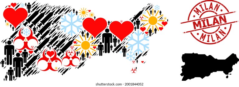 Rubber Milan seal, and heart men Covid-2019 treatment collage map of Capri Island. Red round stamp seal contains Milan title inside circle. Map of Capri Island collage is created with winter, sun,