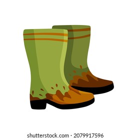 Rubber muddy boot with dirt. Waterproof rain shoes for fishing and gardening.