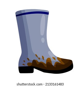 Bota de barro de goma con suciedad. Zapatos de lluvia impermeables para pescar y jardinería.
