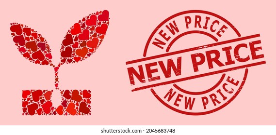 Rubber New Price stamp seal, and red love heart collage for plant sprout. Red round stamp seal has New Price title inside circle. Plant sprout collage is created of red romance icons.