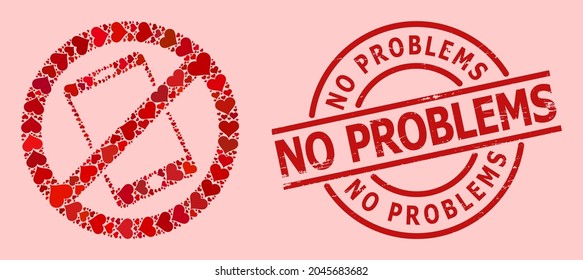 Rubber No Problems badge, and red love heart mosaic for forbid smartphone. Red round badge has No Problems title inside circle. Forbid smartphone mosaic is made with red dating icons.