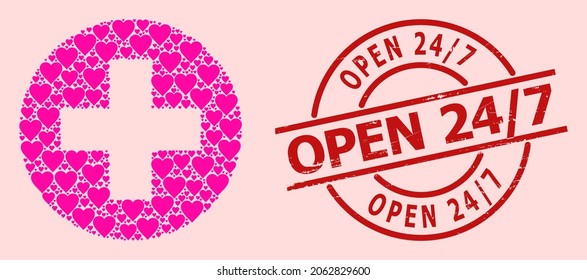 Rubber Open 24 - 7 stamp, and pink love heart mosaic for medical aid. Red round seal includes Open 24 - 7 title inside circle. Medical aid mosaic is composed from pink romance symbols.