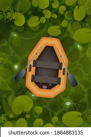 A rubber orange boat floats through a swamp with water lily leaves, top view. Vector cartoon style landscape of green river or ocher surface with aquatic plants and empty rowing boat with two oars.