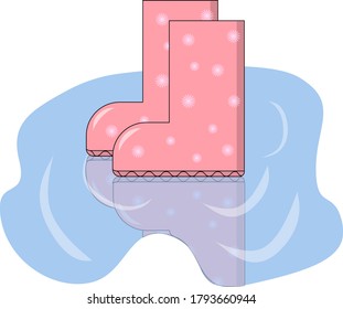 Rubber pink boots in a puddle llustration on white backdrop. Vector illustration object. Family background. Vector illustration, isolated. Illustration with rubber boots on white background for
