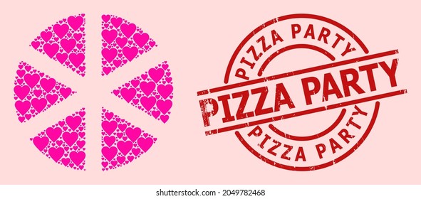 Rubber Pizza Party badge, and pink love heart collage for pizza. Red round badge contains Pizza Party caption inside circle. Pizza collage is organized with pink romance symbols.