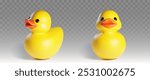 Rubber or plastic bath yellow duck toy with orange squeak front and side view on transparent background. Realistic 3d vector illustration set of float funny ducky bird bathtub kid game accessory.