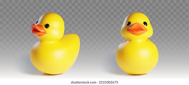 Rubber or plastic bath yellow duck toy with orange squeak front and side view on transparent background. Realistic 3d vector illustration set of float funny ducky bird bathtub kid game accessory.