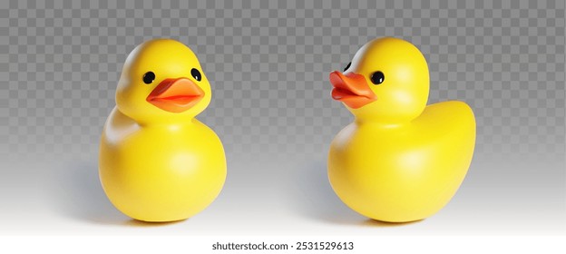 Juguete amarillo del pato del baño de goma o plástico con el frente y la vista lateral chirriantes anaranjados en fondo transparente. Conjunto realista de Ilustración vectorial 3D de flotador divertido pato pato bañera niño juego accesorio.