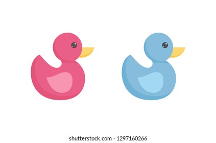 Rubber or plastic duck toy for toddler bathing in flat style isolated on white background.