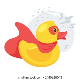 Rubber, Plastic Ducky Flat Vector Illustration. Superhero Bathroom, Shower, Bathtub Toy Duckling Cartoon Character . Cute Small Simple Animal In Mask Isolated On White Background