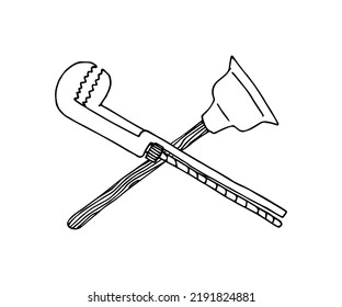 Rubber plunger and adjustable wrench. The emblem of plumbing. Tools for the sewer system. Vector illustration in black ink, isolated on a white background in a doodle and hand drawn style.