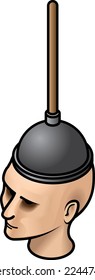 Rubber plunger on a woman's head.