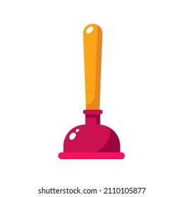 Rubber plunger with wooden handle in flat design. Sewer blockage cleaning tool on an isolated white background. Vector stock illustration