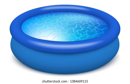 Rubber portable pool. Filled with azure clear water. For swimming, fun in the fresh air. Realistic image icon. On white background isolated. Vector.