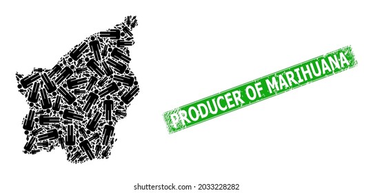 Rubber Producer of Marihuana seal, and San Marino map mosaic of man figure icons. Green rectangle seal has Producer of Marihuana title inside rectangle.