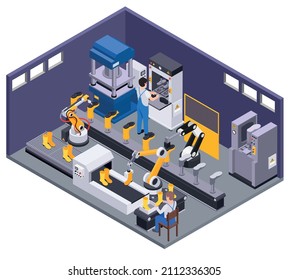 Rubber production isometric composition with indoor factory view people and arm manipulators shaping rubber into boots vector illustration