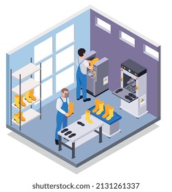 Rubber production isometric composition with two workers making boots on modern machinary 3d vector illustration