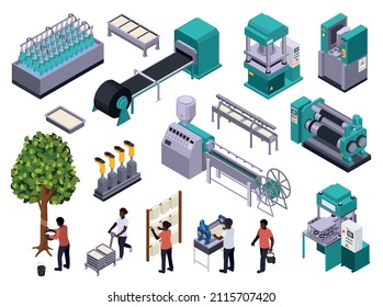 Producción de caucho conjunto isométrico de íconos aislados con piezas de maquinaria industrial y trabajadores de fabricación personajes ilustración vectorial