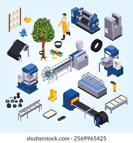 Rubber production isometric set with isolated icons of manufacture worker goods and supplies with industrial machinery vector illustration