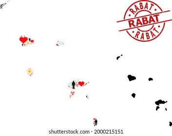 Rubber Rabat stamp, and winter men Covid-2019 treatment collage map of Marquesas Islands. Red round stamp seal includes Rabat title inside circle.