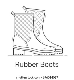 Rubber rain boots linear design vector illustration. Pair of galoshesisolated on white background. 