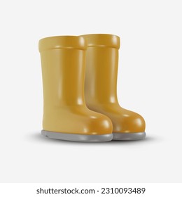 Rubber rain yellow boots isolated on white background. 3d cartoon garden design element in minimal style. Vector icon or illustration.