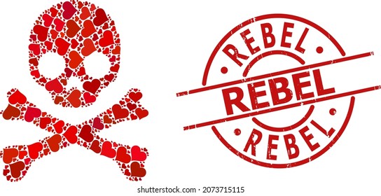 Rubber Rebel stamp seal, and red love heart collage for death skull. Red round stamp seal includes Rebel text inside circle. Death skull collage is composed from red romance items.