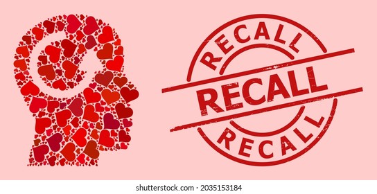 Gummi Recall Stempel Siegel, und rote Liebe Herz-Mosaik für Erinnerung. Rote Rundstempelrobbe hat Rückrufaktion im Kreis. Denken Sie daran, dass Mosaik aus roten romanischen Symbolen entworfen wurde.