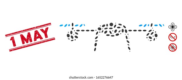 Rubber red stamp seal with 1 May text inside double parallel lines, and collage airdrone icon. Mosaic vector is designed with airdrone icon and with scattered oval items. 1 May stamp uses red color,
