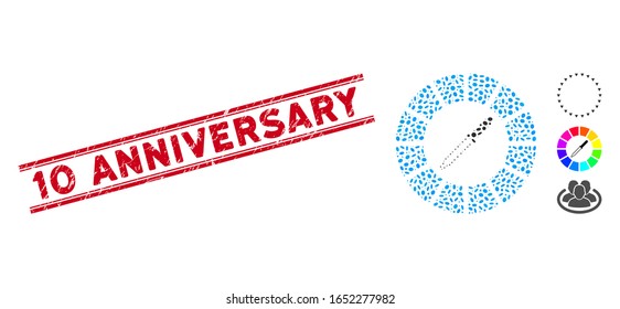Rubber red stamp seal with 10 Anniversary text inside double parallel lines, and collage color circle icon. Mosaic vector is created with color circle icon and with randomized ellipse spots.