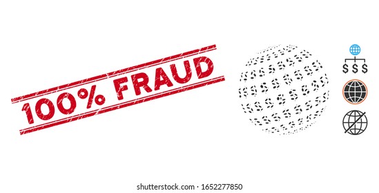 Rubber red stamp seal with 100% Fraud caption between double parallel lines, and collage dollar abstract sphere icon.