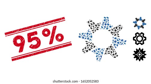 Rubber red stamp seal with 95% phrase inside double parallel lines, and collage tooth gear icon. Mosaic vector is designed with tooth gear icon and with randomized oval items. 95% seal uses red color,